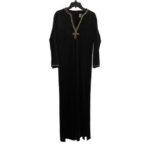 Vintage Black Velvety Night Dress Gown with Gold Filigree Details, Light Weight